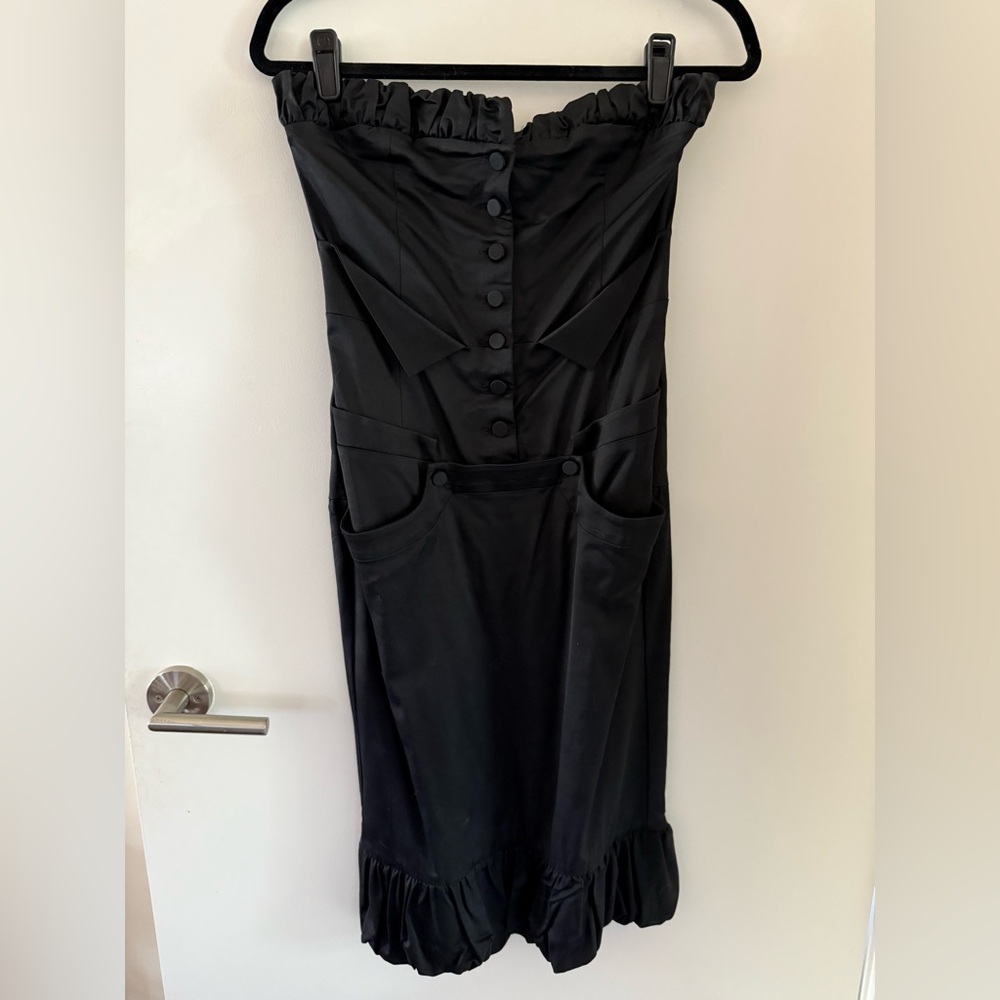RARE L.A.M.B by Gwen Stefani Satin Black Strapless Ruffle Tuxedo Dress 4 - Picture 5 of 7